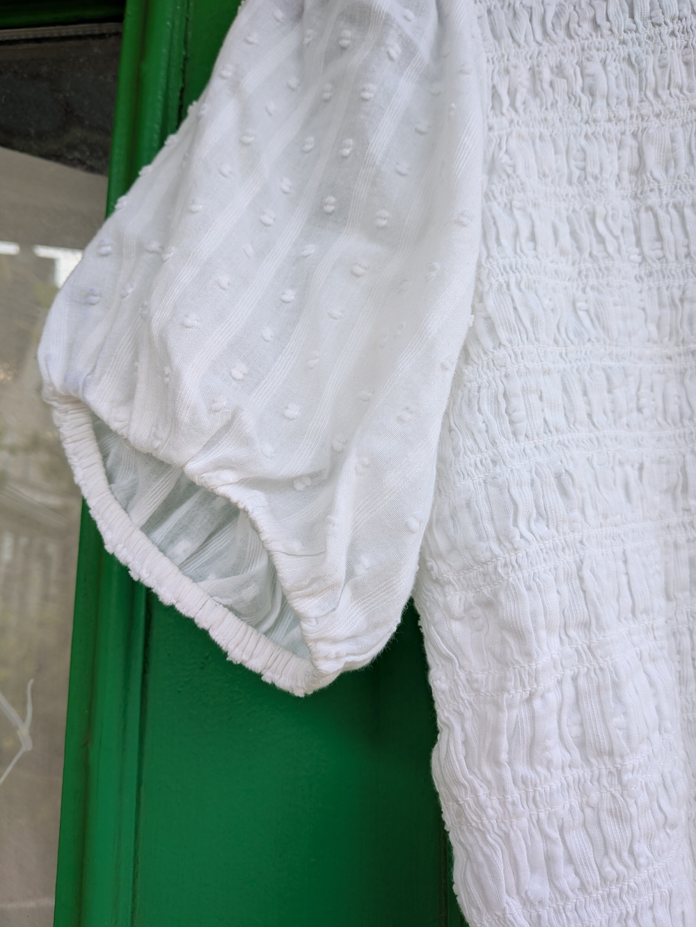 Textured White Cotton Top With Half Balloon Sleeves, Lace Trim, J crew